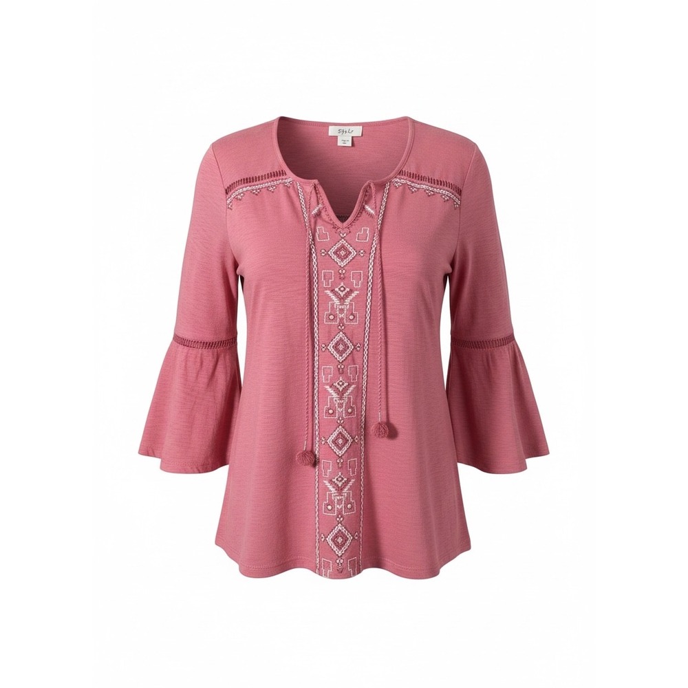 Style & Co Womens Rose Pink Embroidered Boho Split Bell Sleeve Tassel Top Medium